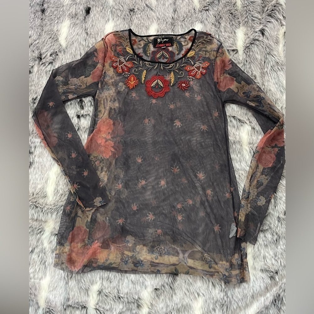 Biya Johnny Was Embroidered Floral Mesh Top sz XS - Picture 2 of 7
